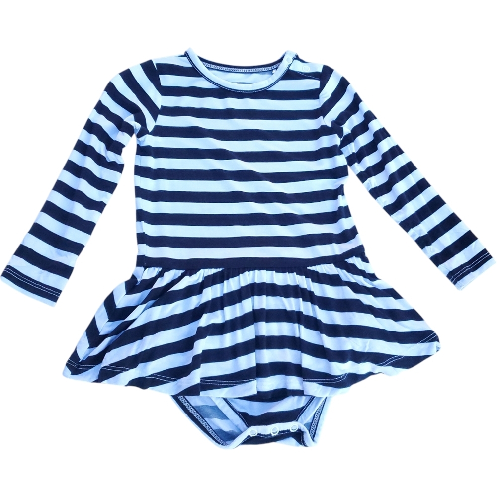 Gigi and Max One-piece Skirted Bodysuit White|Black Striped Baby Girl 18-24M